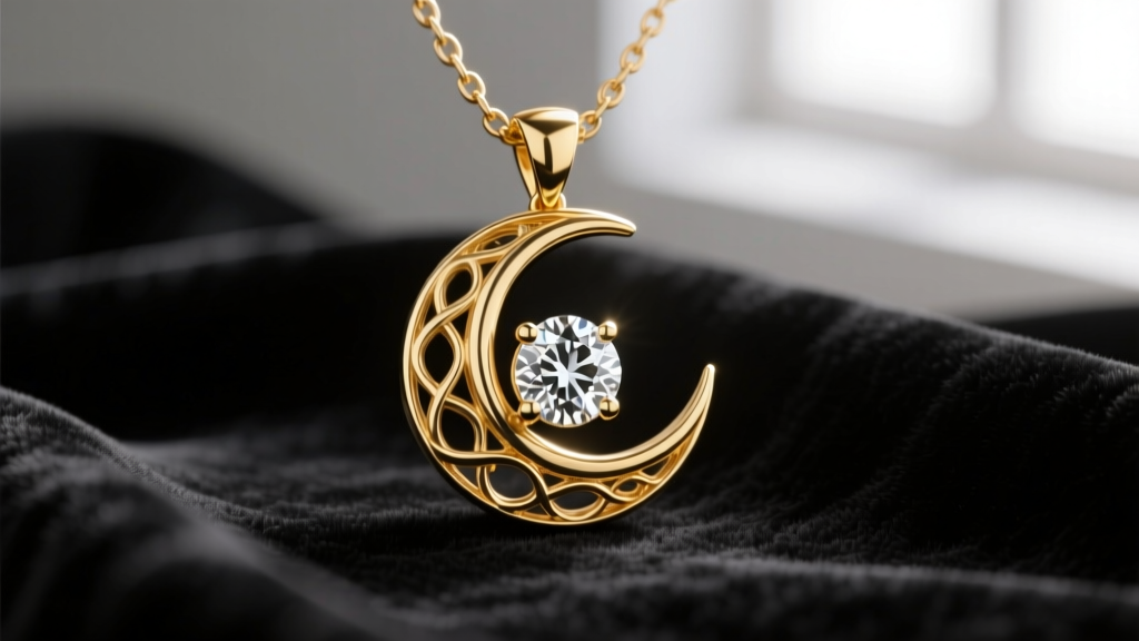 Macro shot of 18k gold eclipse necklace pendant with half-moon diamond overlapping round brilliant diamond on dark velvet