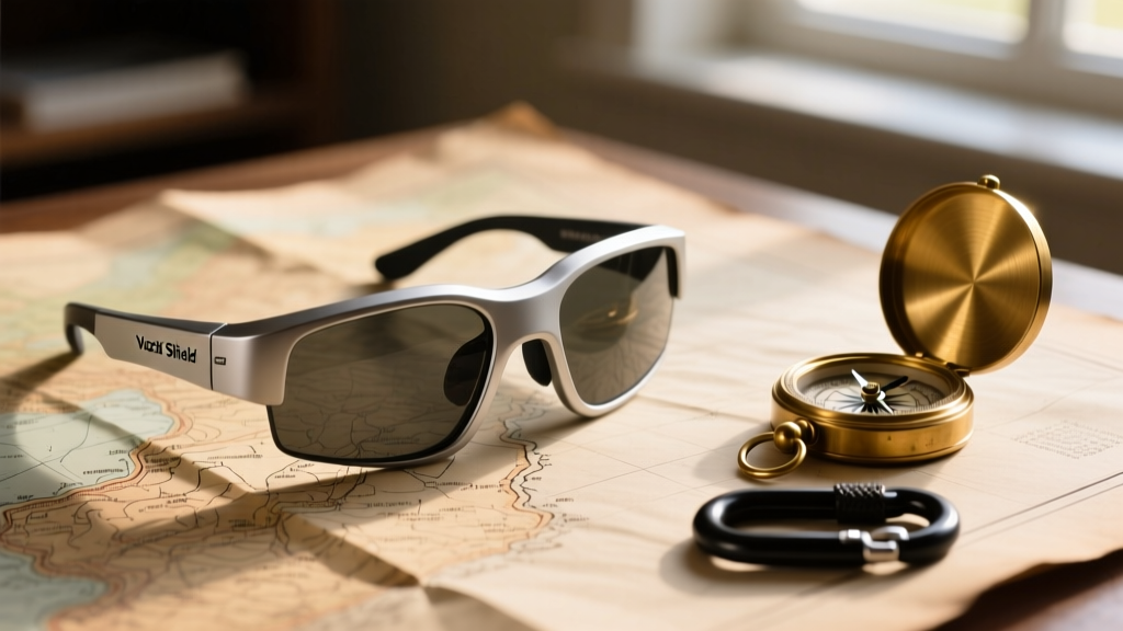 Close-up of rugged Vuzix Shield smart glasses resting on a weathered topographic map next to a brass compass and carabiner.