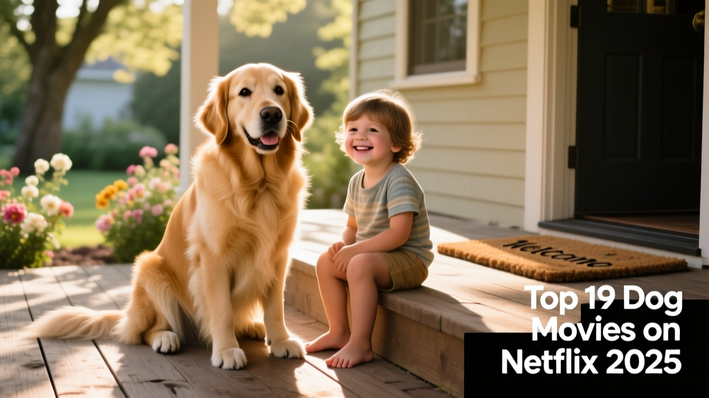 A golden retriever sitting beside a child on a sunlit porch, both smiling