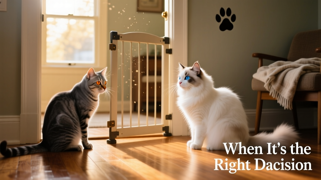 Two cats observing each other cautiously from opposite sides of a doorway, with a baby gate partially blocking the entrance