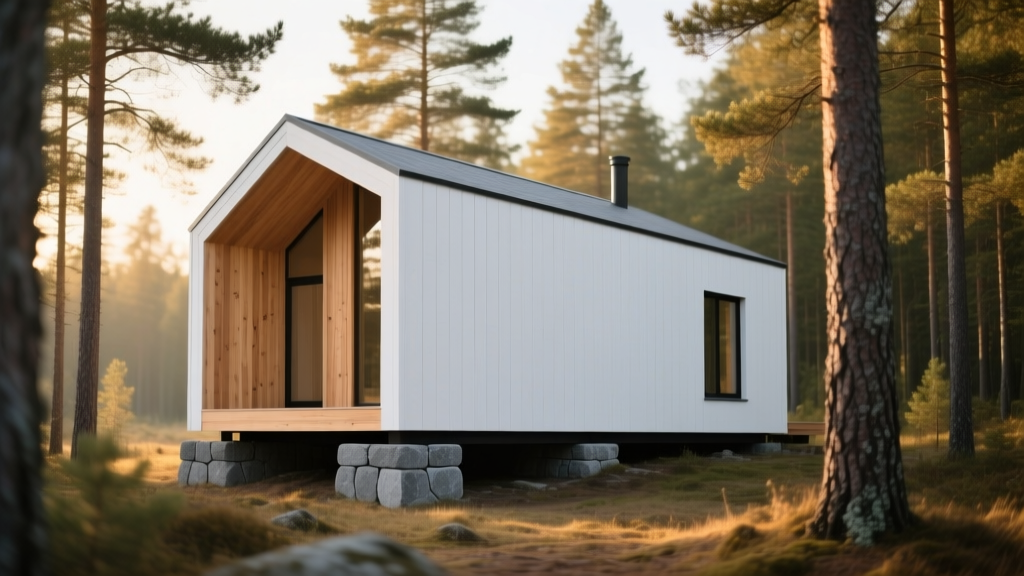 Partially framed timber cabin with structural insulated panels and stone pier foundation in a dense pine forest clearing.
