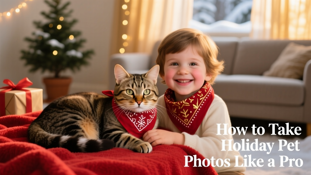A relaxed tabby cat curled on a festive red blanket beside a smiling child, both wearing matching holiday bandanas, captured in warm, even lighting