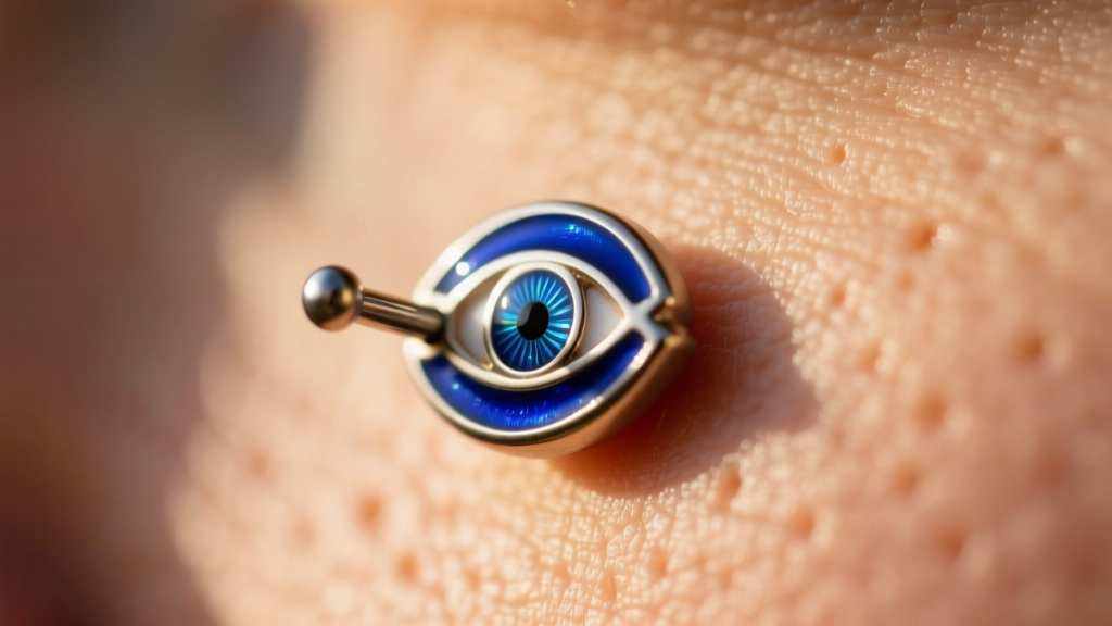Macro photo of a 16-gauge titanium cartilage stud with a tiny Greek eye motif and blue enamel, angled against soft skin in warm light