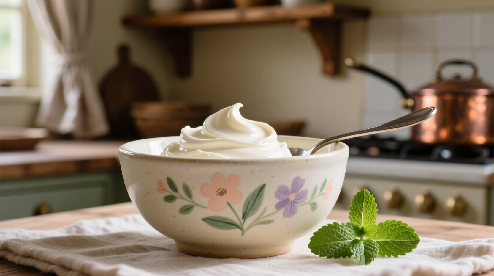 Creamy white mascarpone cheese in a ceramic bowl