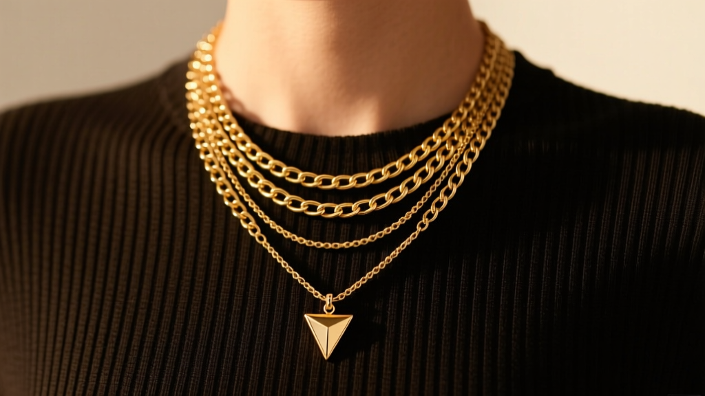 Layered gold chains with a downward triangle pendant on an 18-inch strand, worn over a dark ribbed top in warm soft studio light