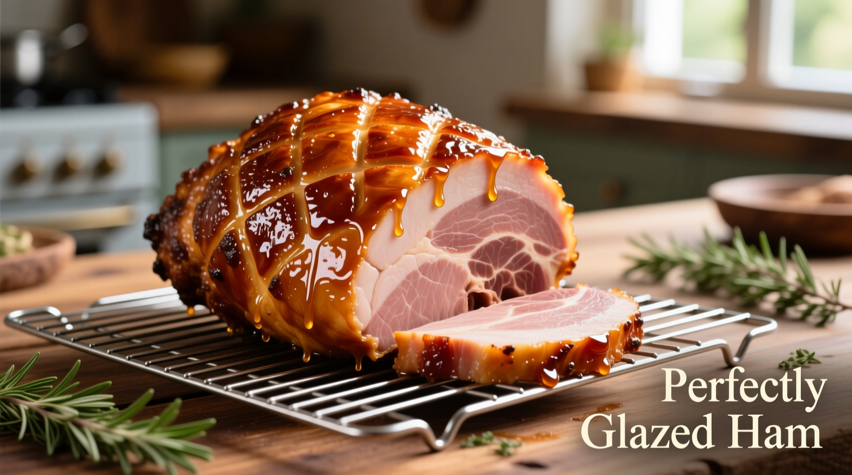 Perfectly glazed cooked ham on baking rack