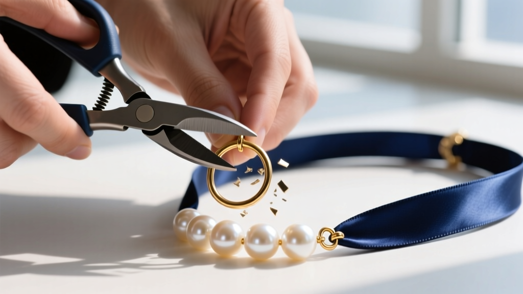 Hands using flush cutters to replace a broken 22-gauge brass jump ring on a freshwater pearl and silk ribbon fashion necklace.