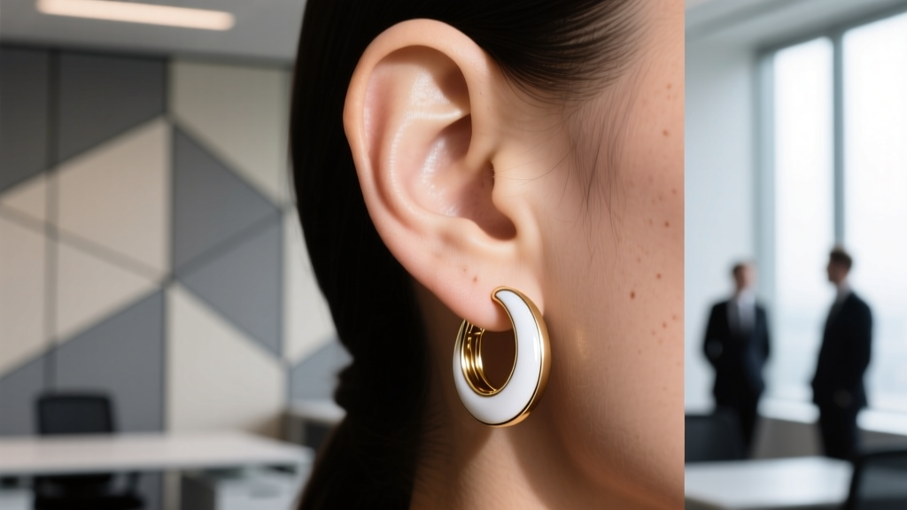 Close-up of an ear wearing 18k white gold hoop earrings with white enamel, blurred office background, natural daylight