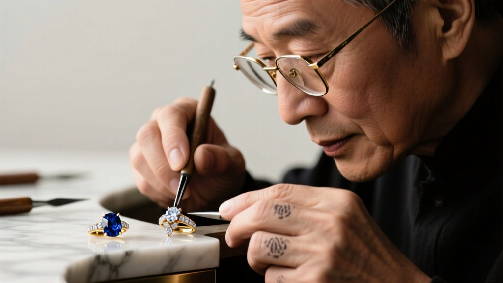 Close-up of a jeweler's loupe inspecting a slightly bent prong on a platinum solitaire diamond ring under bright studio lighting