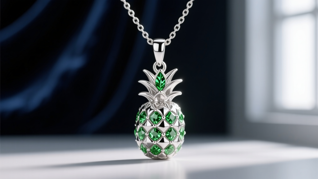 Macro shot of a 12mm sterling silver pineapple pendant with peridot leaves, hanging from a 1.2mm box chain on dark velvet