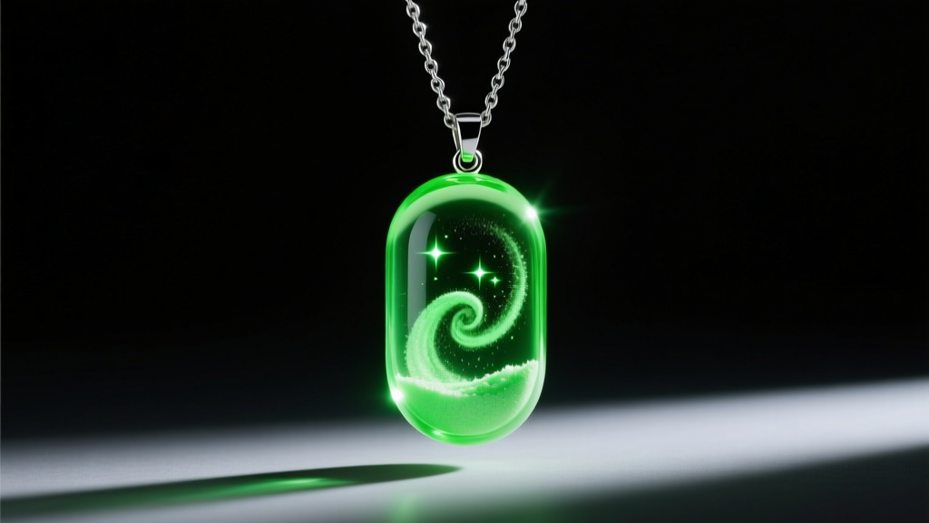Neon green resin pendant glowing in darkness, showing strontium aluminate powder in clear epoxy on a delicate silver chain.