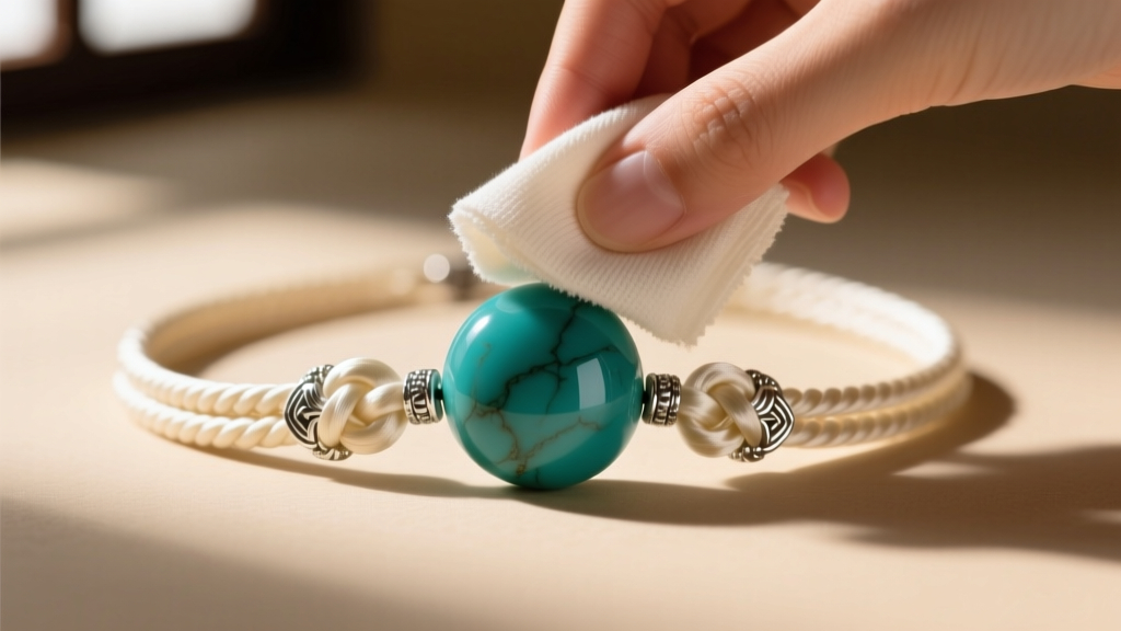 Hands wiping a round turquoise bead on a silk-knotted Chinese necklace with a dry microfiber cloth under soft natural light.