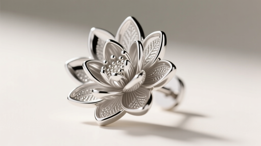 Extreme close-up of a platinum water lily earring edge showing precise 0.3mm thickness and high-polish finish on the metal rim
