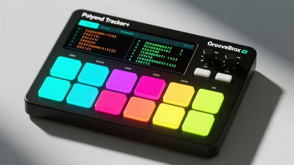 Overhead view of the Polyend Tracker+ groovebox screen displaying hexadecimal sample commands and a vibrant RGB pad grid.