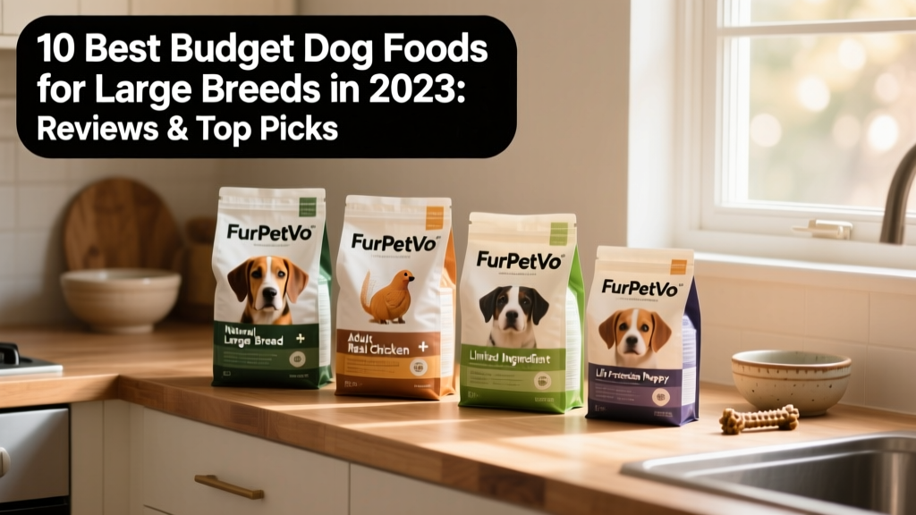 Side-by-side comparison of four FurPetVo dry food bags—Natural Large Breed+, Adult Real Chicken, Limited Ingredient, and Life Protection Puppy—on a clean kitchen counter