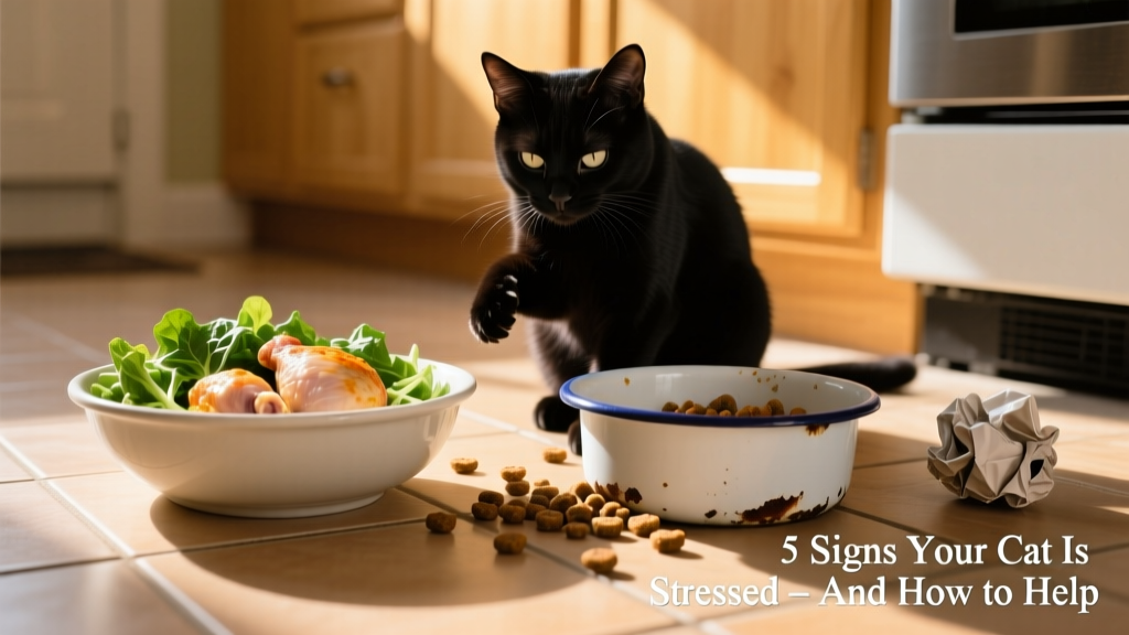 Two bowls side-by-side: one with fresh food untouched, another with kibble scattered near a treat ball toy