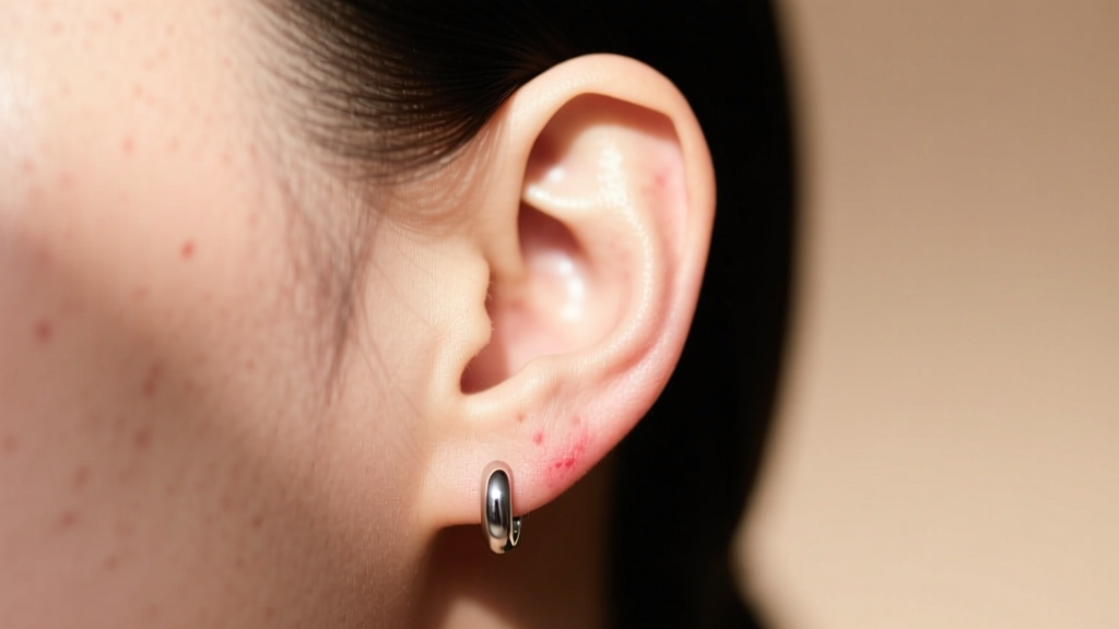 Close-up of an earlobe with mild redness around a silver earring post, soft natural lighting highlighting skin texture.
