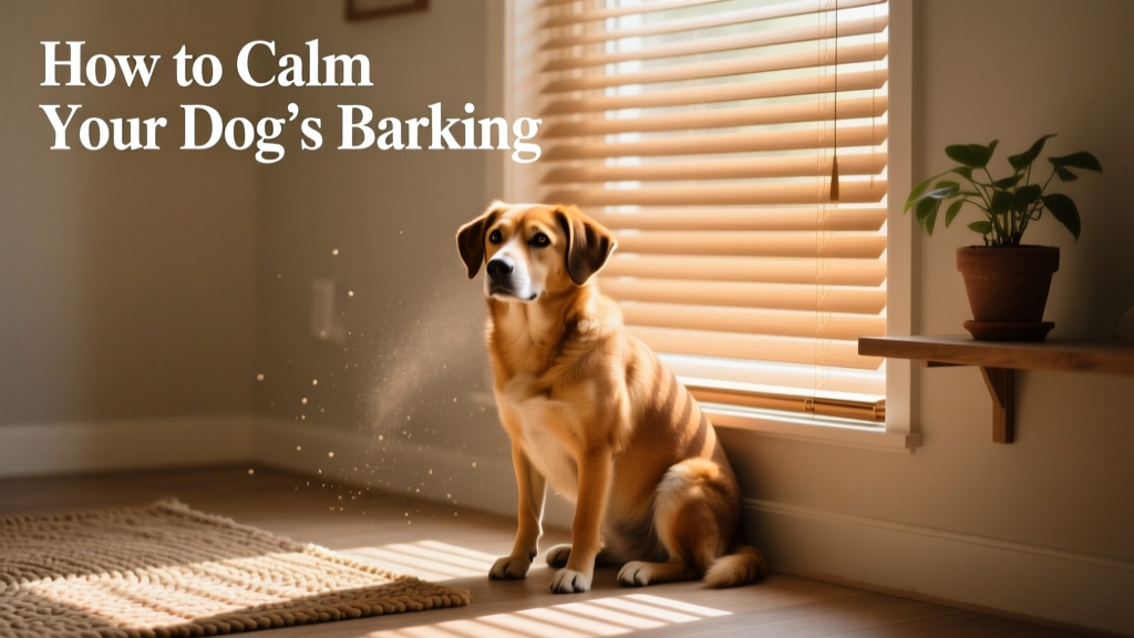 A calm dog sitting quietly beside a window with closed blinds