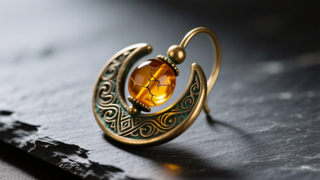 Macro photography of traditional brass Fulani earring on dark slate, showing oxidized patina and hand-carved central amber bead