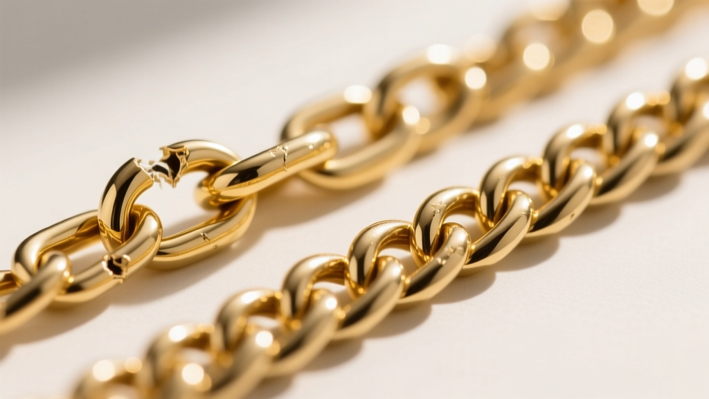 Close-up of a kinked 5mm herringbone chain next to a pristine 8mm chain, showing torque damage on flat interlocking gold links