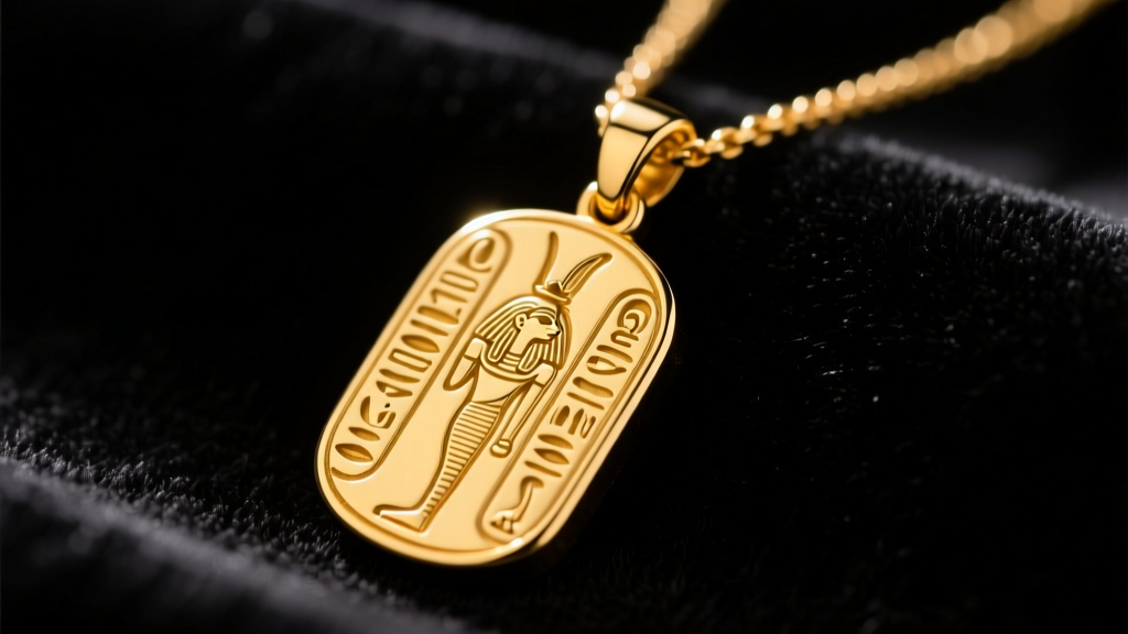 Close-up of an 18k yellow gold cartouche necklace pendant on black velvet, featuring deeply hand-engraved hieroglyphic symbols.