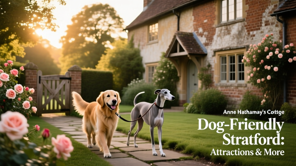 Exterior view of Anne Hathaway's Cottage with dogs on leads in the garden