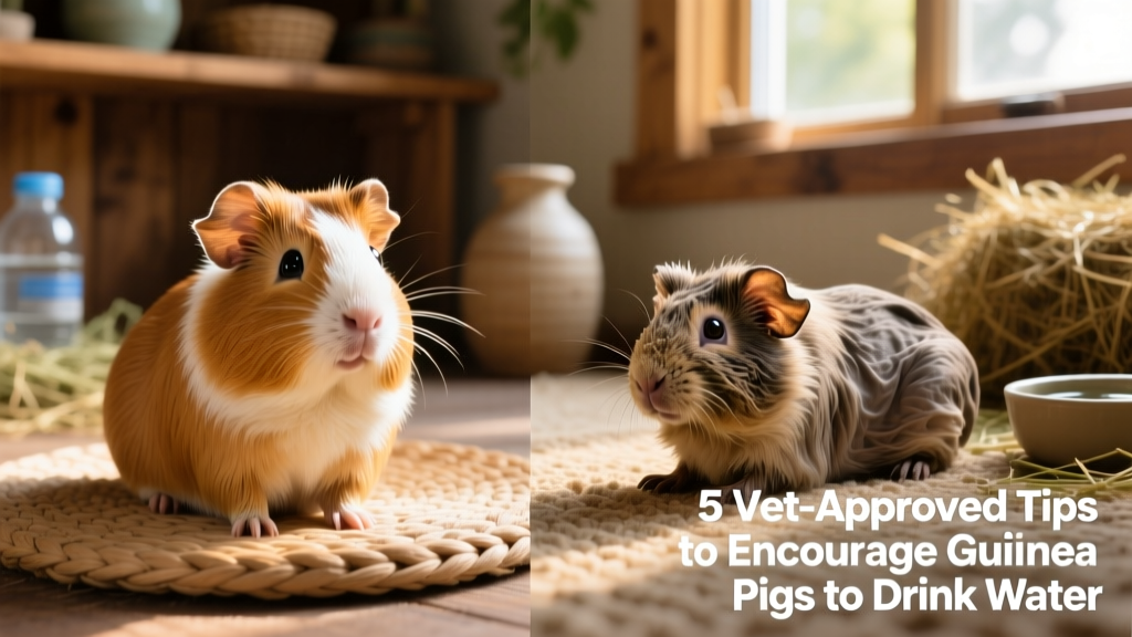 Side-by-side comparison showing a hydrated guinea pig with bright eyes and glossy fur versus a dehydrated one with dull coat and slightly sunken eyes