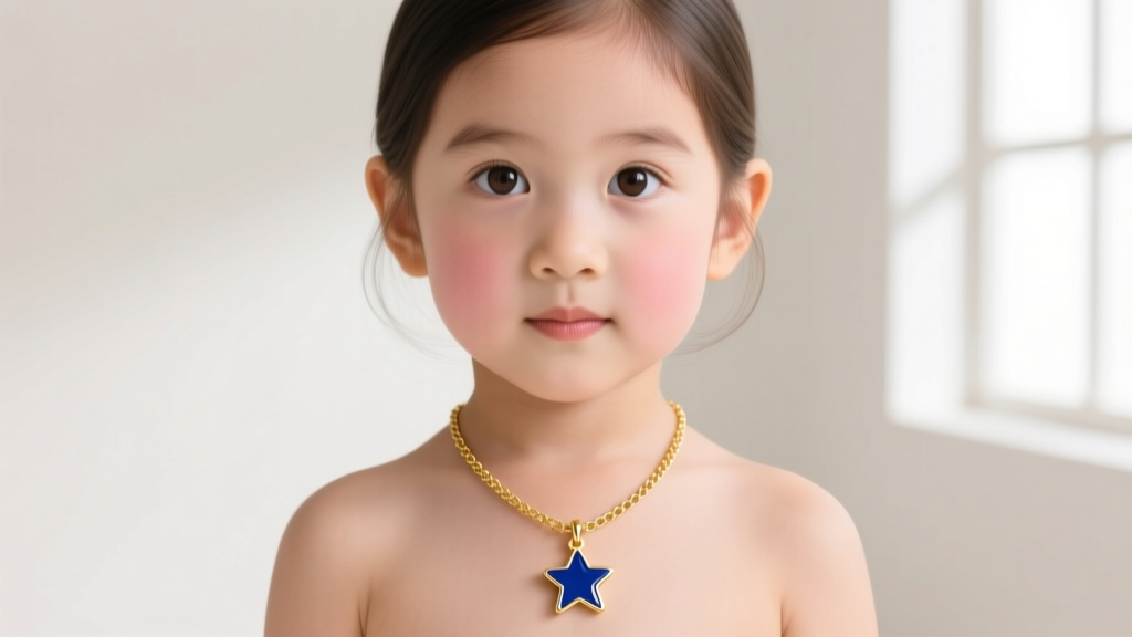 Studio portrait of a child wearing a 12-inch 14k gold chain with a small blue enamel star pendant against a soft backdrop.