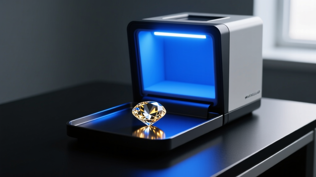 Desktop diamond verification spectrometer glowing with blue UV light while testing a single loose round diamond on a dark tray.