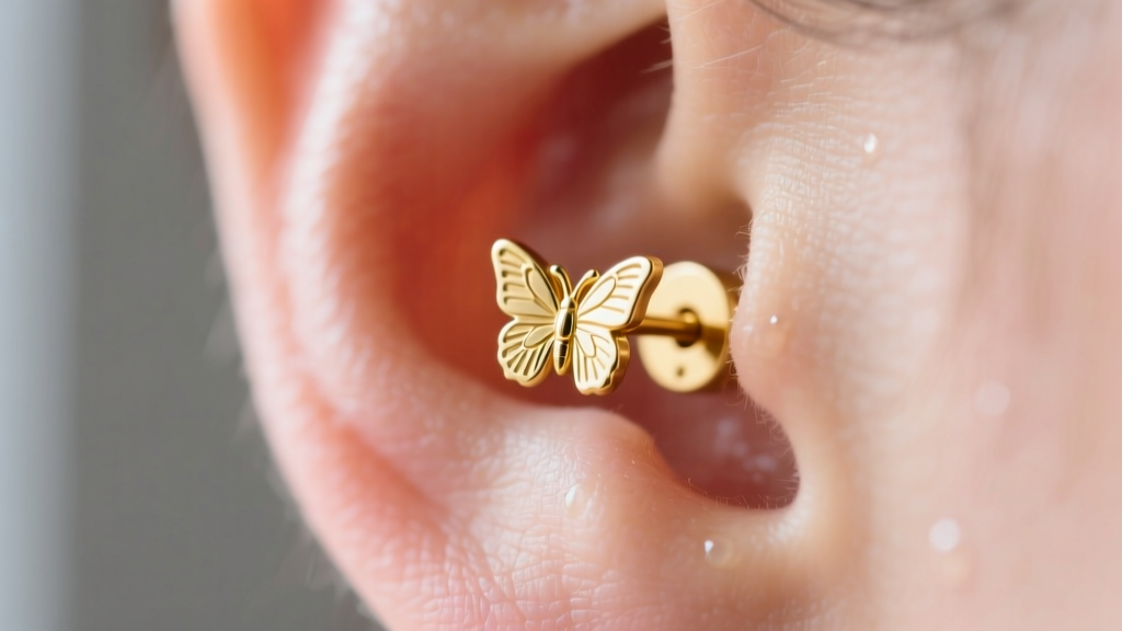 Macro shot of a 20-gauge gold stud earring with a butterfly safety back lodged tightly against a slightly swollen human earlobe.