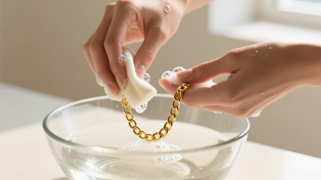 Hands gently scrubbing a delicate gold-plated chain necklace with a soft microfiber cloth and pH-neutral soap suds in a glass bowl