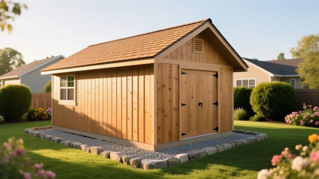 New 12x16 wooden shed with LP SmartSide siding and shingle roof on a crushed gravel pad in a sunny suburban backyard