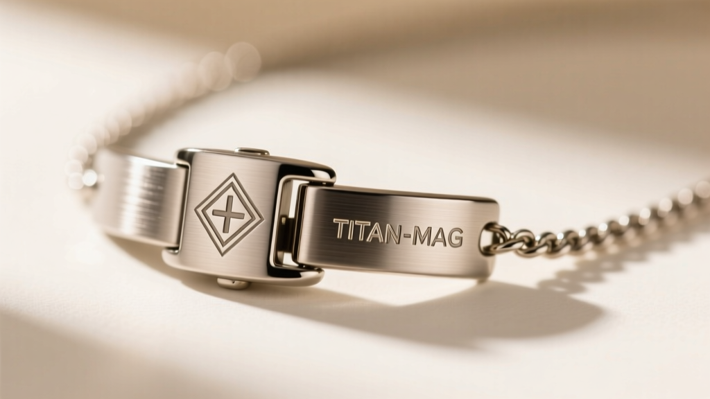 Macro shot of a Grade 2 titanium magnetic therapy necklace clasp, highlighting the brushed metal finish and laser engraving.