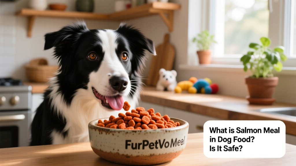Happy border collie eating from a ceramic bowl filled with FurPetVo salmon meal kibble