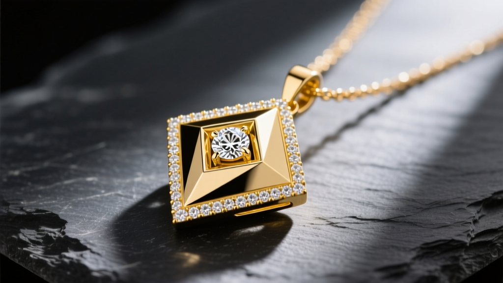 14k yellow gold diamond shaped necklace pendant with micro-pave bezel on dark slate, lit to highlight the sharp geometric corners.