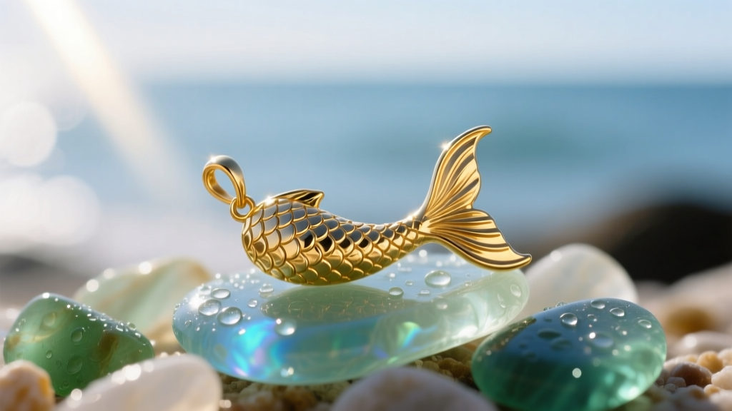 Close-up of a solid 14k gold mermaid tail pendant resting on wet sea glass, sunlight reflecting off the intricate scale texture.