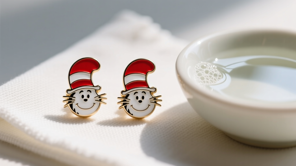 Vibrant red and white enamel Cat in the Hat stud earrings resting on a microfiber cloth beside a small bowl of soapy water.