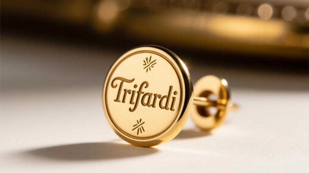 Macro view of a stamped Trifari hallmark on the back of a mid-century gold-toned base metal costume clip earring through a loupe