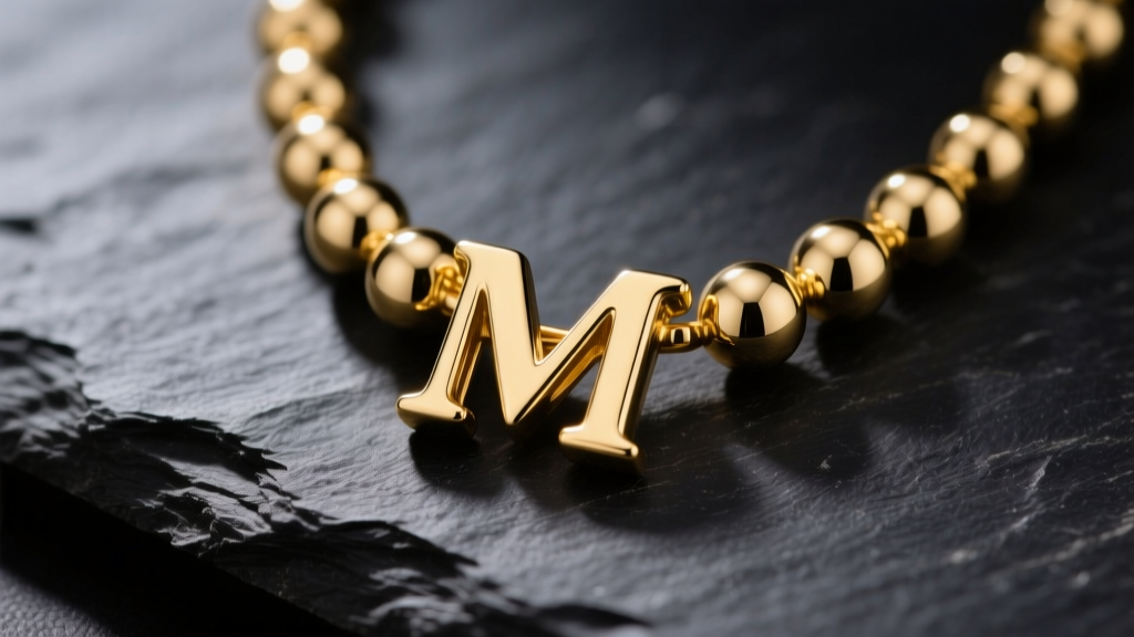 Macro shot of a polished 14k yellow gold bubble necklace letter M pendant on dark slate under soft directional studio lighting.