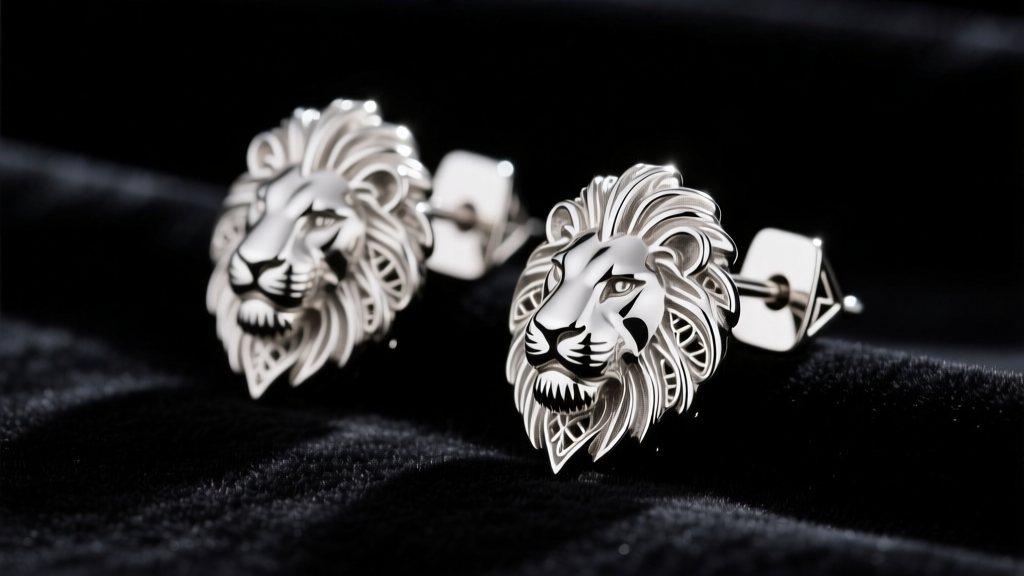 Sterling silver lion head earrings on dark velvet, showing intricate mane textures and thick posts under bright studio lighting.