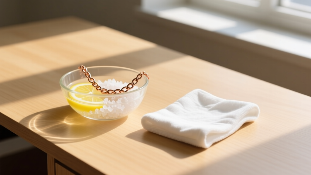 Small glass bowl holding a copper necklace in lemon juice and salt, beside a folded microfiber cloth on a light wooden desk top.