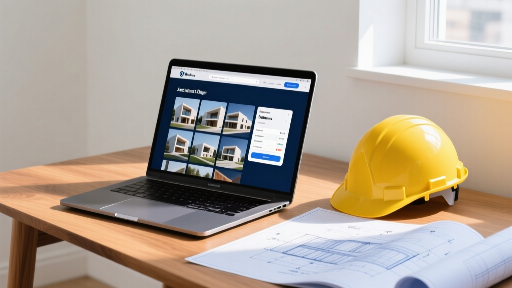 Laptop showing a construction WordPress site with project galleries and estimator forms on a desk next to blueprints and a yellow hard hat.