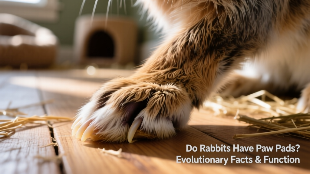 Close-up of a rabbit's hind foot showing thick fur covering the sole, with visible nails and soft texture