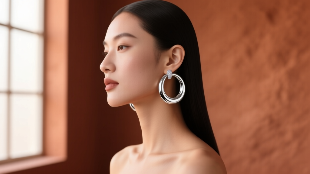 Model wearing 80mm polished sterling silver hoop earrings in profile against a warm terracotta studio backdrop, soft lighting