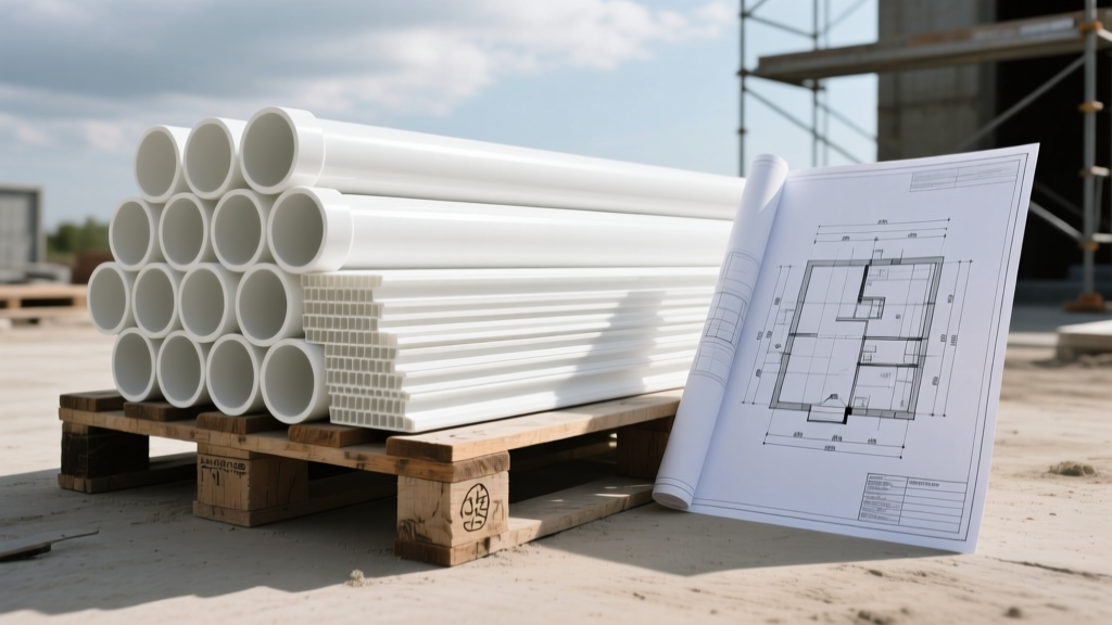 Stacks of white Schedule 40 PVC pipes and cellular PVC trim boards organized on a construction site pallet next to a framing blueprint