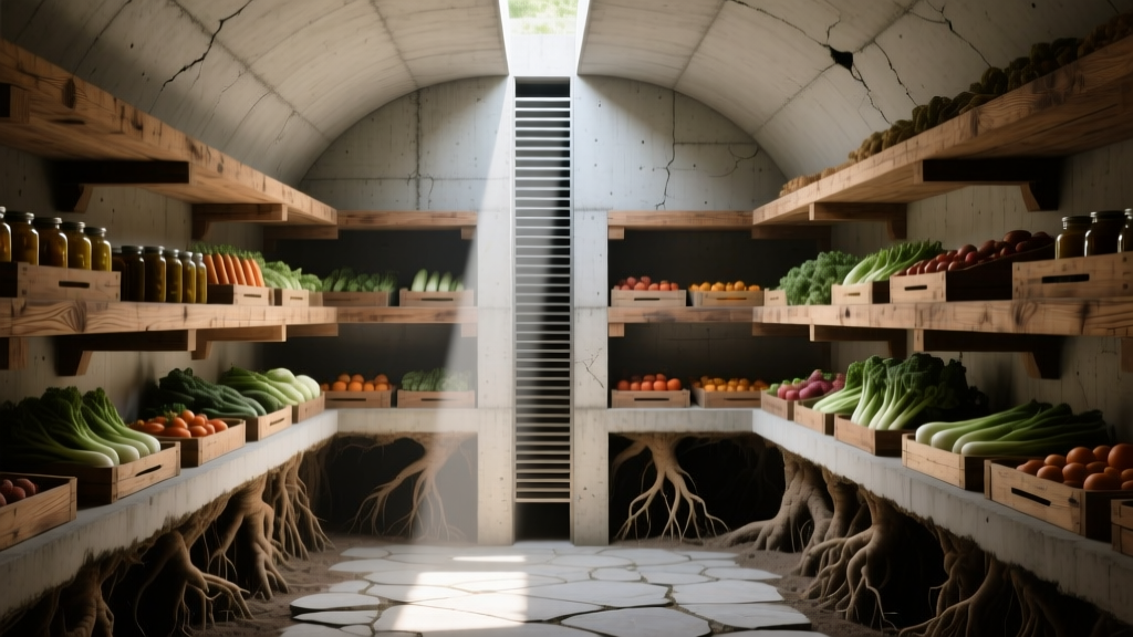 Cross-section rendering of an underground root cellar with wooden shelving, poured concrete walls, and a ventilation shaft