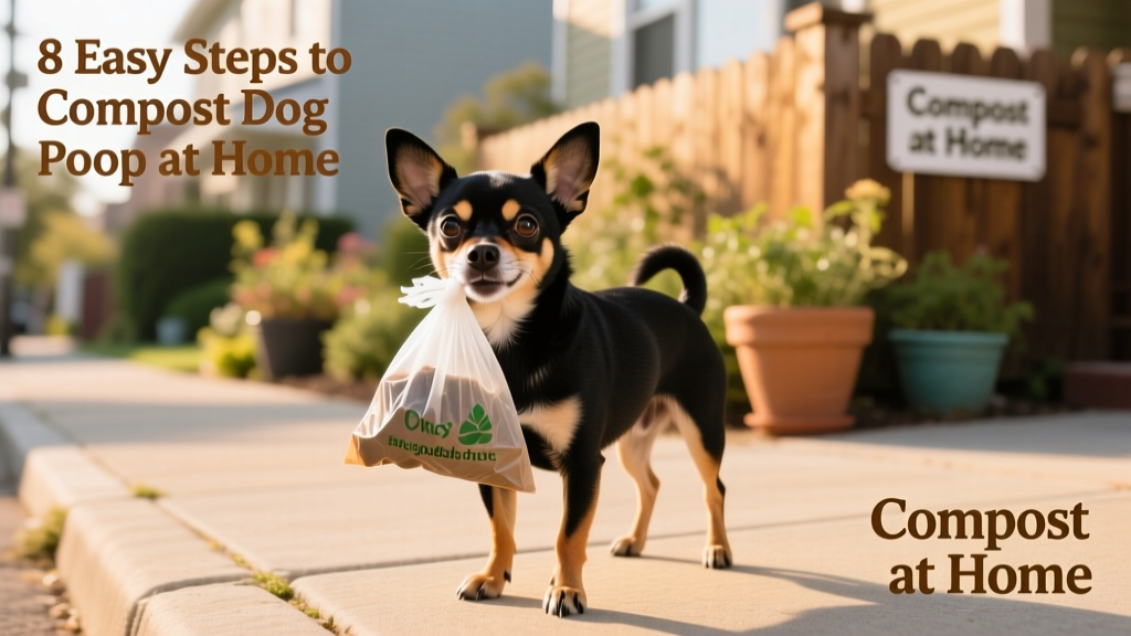 chihuahua dog holding poop bag in her mouth outdoor