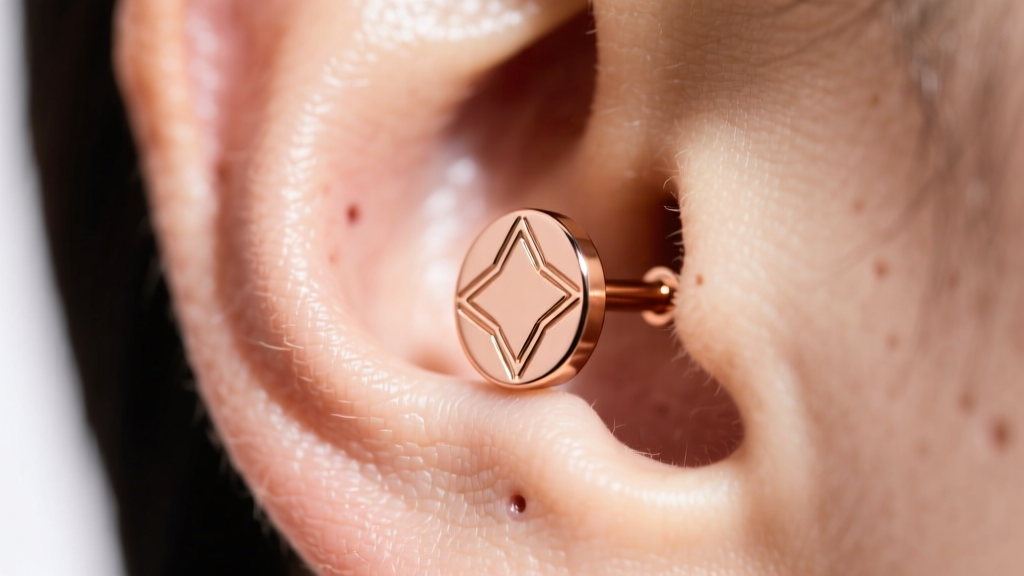 Profile view of a 16-gauge rose gold barbell earring in a helix piercing, showcasing the flat back disc and secure threadless fit