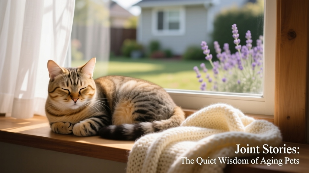An older tabby cat curled up on a windowsill, bathed in warm afternoon light, with a soft blanket nearby