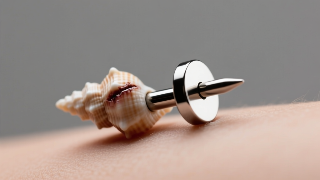 Close-up of a healed conch piercing with a polished titanium labret stud and flat disc back under soft studio lighting